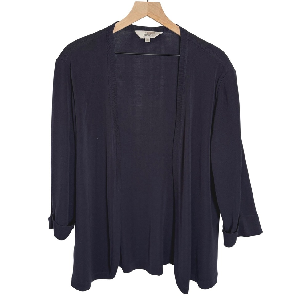 Exclusively Misook Navy Blue Open Front Cardigan Sweater Cuffed 3/4 Sleeve XL